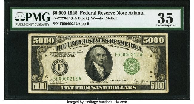 20092: Fr. 2220-F $5,000 1928 Federal Reserve Note. PMG
