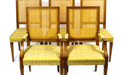 Hollywood Regency style dining chairs, by Baker furniture, consisting of armchairs and side chairs, having a high...