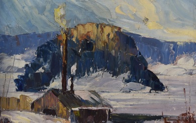 20th Century Continental School, oil on board, Two semi-abstract winter mountain landscapes