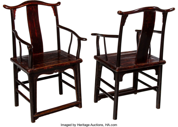 21292: A Pair of Chinese Elmwood Arm Chairs, 19th centu