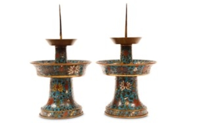 A PAIR OF CHINESE CLOISONNÉ ENAMEL CANDLE STICKS....