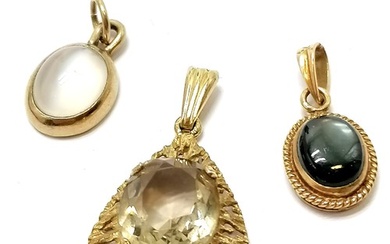 3 x 9ct marked gold stone set pendants inc aquamarine, unusu...