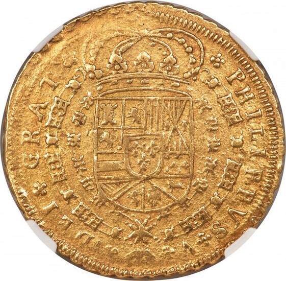 31992: Philip V gold 8 Escudos 1711/0 S-M AU55 NGC, Sev