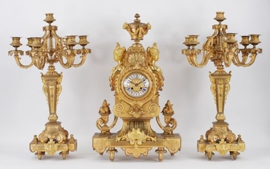 3PC French Japy Freres Gilt Clock w/ Candelabras
