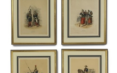 (4) French military hand-colored engravings, 19th c.