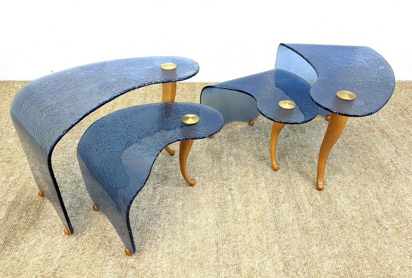 4pc Blue Glass Wood Leg Modernist Side Tables. Textured