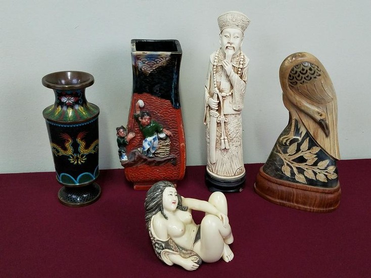 5 Asian Figures and Vases incl Sumida Gawa Vase
