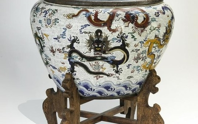 Monumental Chinese cloisonne fishbowl w/ stand, 51"h