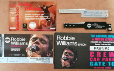 Robbie Williams tickets and wrist bands.