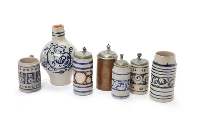 SOLD. 6 18/19th century Westerwald stoneware tankards and a ewer and a Danish brown glazed...
