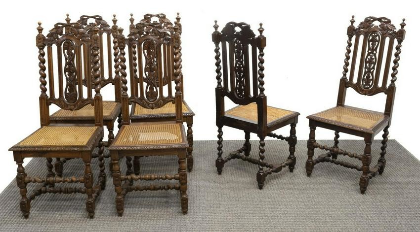 (6) FRENCH HENRI II STYLE OAK & CANE DINING CHAIRS