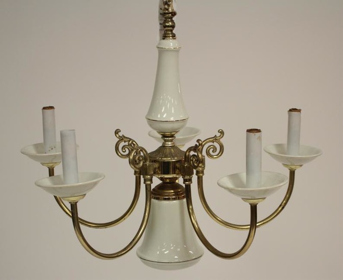6 Light Porcelain and Brass Plated Chandelier