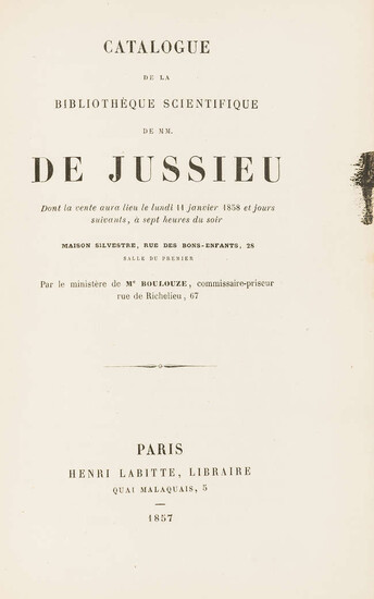 Natural History Sale Catalogues.- Jussieu (Antoine de) Catalogue de la Bibliotheque Scientifique..., bound with other catalogues, Paris, 1857.
