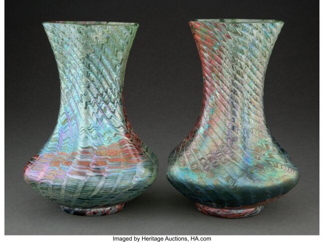 79192: Pair of Rindskopf Striated Glass Vases, early 20