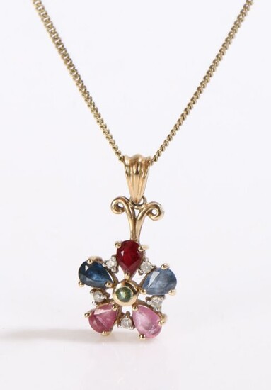 9 carat gold sapphire ruby and diamond set pendant necklace, the flower head pendant set with the