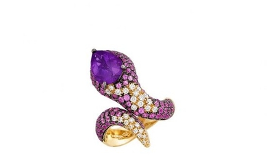Gold, Amethyst, Pink Sapphire and Diamond Snake Ring