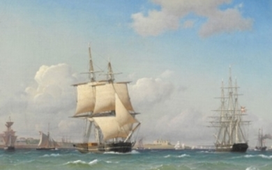 Carl Dahl: The brig "Canopus" and the corvette "Najaden" and other ships near Elsinore. Unsigned. Oil on canvas. 42 x 58 cm.