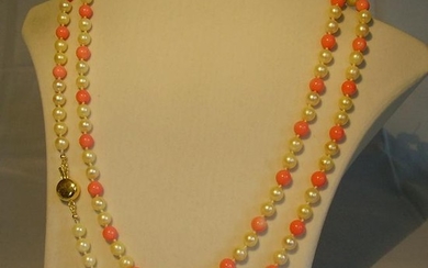 Necklace with angelskin corals and Akoya-Pearls