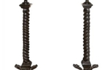 Pair of Renaissance Style Wrought-Iron and Patinated Bronze Andirons