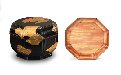 A large Black-lacquer lobed octagonal kashibako (ceremonial food container) and cover
