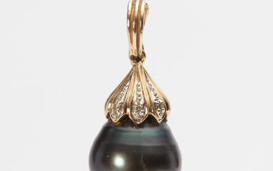 A 14k gold pendant with a cultured grey black pearl and small diamonds.