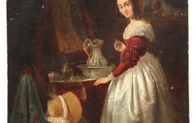 A 19TH CENTURY OIL ON PANEL depicting an interior