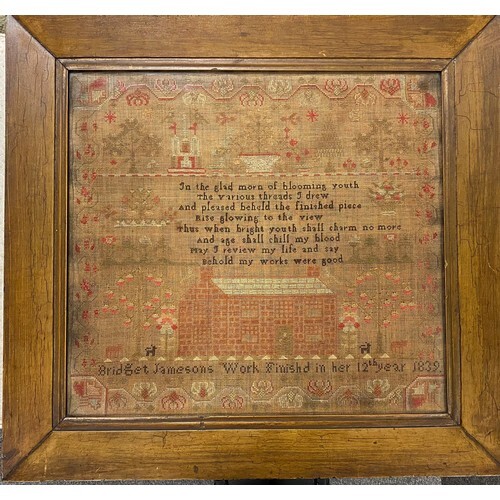 A 19th sampler, worked with verse, house and trees, by Brid...