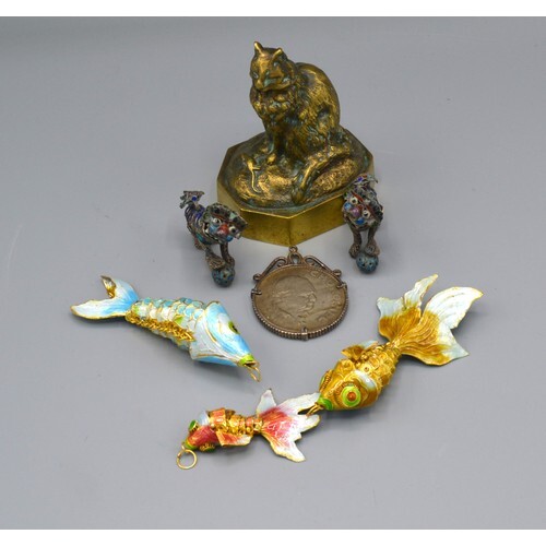 A Brass Model in the form of a Cat, a pair of enamel decorat...