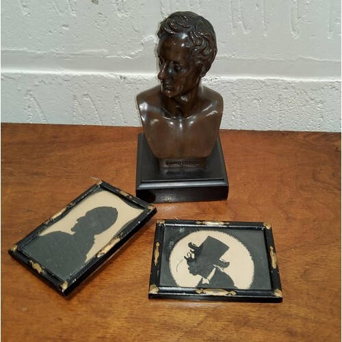 A Bronze bust of Lord Byron on square slate plinth H15cm; a...