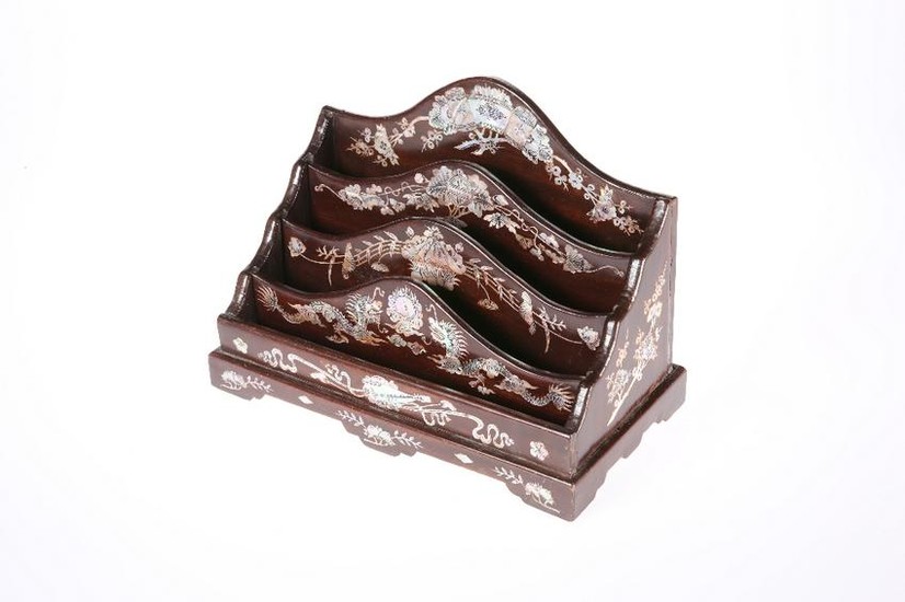 A CHINESE MOTHER-OF-PEARL INLAID HARDWOOD LETTER RACK