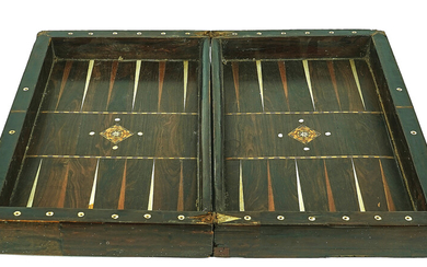 A CONTINENTAL ROSEWOOD, FRUITWOOD AND IVORY INLAID FOLDING GAMES BOARD