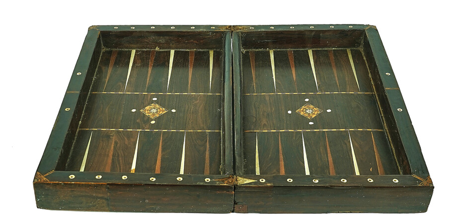 A CONTINENTAL ROSEWOOD, FRUITWOOD AND IVORY INLAID FOLDING GAMES BOARD