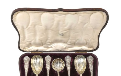 A Cased Set of Six Victorian Parcel-Gilt Silver Berry-Spoons and a Sifting Spoon by Henry John Lias and James Wakely, London, 1880, Retailed by Jays, 142-144 Oxford Street, London