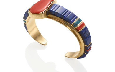A Charles Loloma 14k gold mosaic cuff bracelet