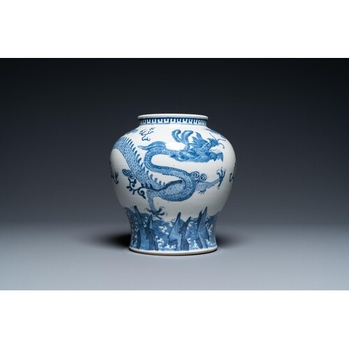 A Chinese blue and white 'dragon' vase, 19th C.Description:H...
