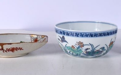 A Chinese porcelain bowl decorated with water fowl and foliage together with a small dish 7 x 16 cm