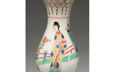 A Chinese wucai wall vase, Kangxi period, painted with a lad...