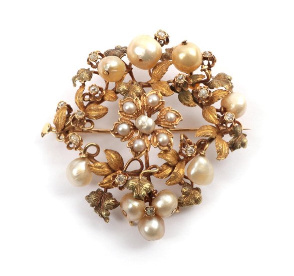 A Diamond and Pearl Floral Plaque Brooch, the various sized...
