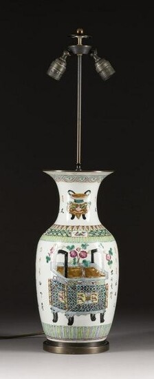 A FAMILLE ROSE 'ANTIQUES' VASE AS LAMP