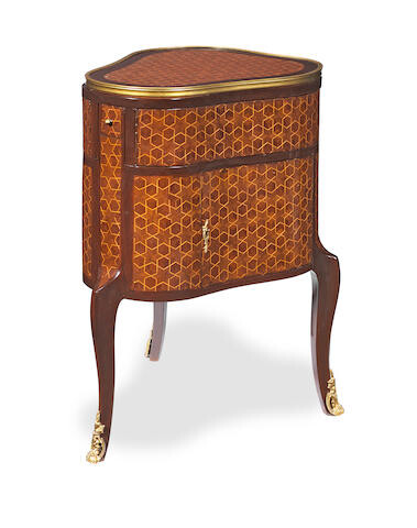 A French late 19th/early 20th century rosewood and parquetry heart-shaped mechanical table de toilette in the Louis XV/XVI Transitional style