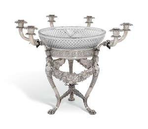 A GEORGE III SILVER AND GLASS CANDELABRUM CENTREPIECE, MARK OF BENJAMIN AND JAMES SMITH, LONDON, 1811