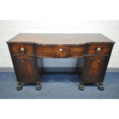 A GEORGE IV MAHOGANY PEDESTAL SIDEBOARD, with one short and ...