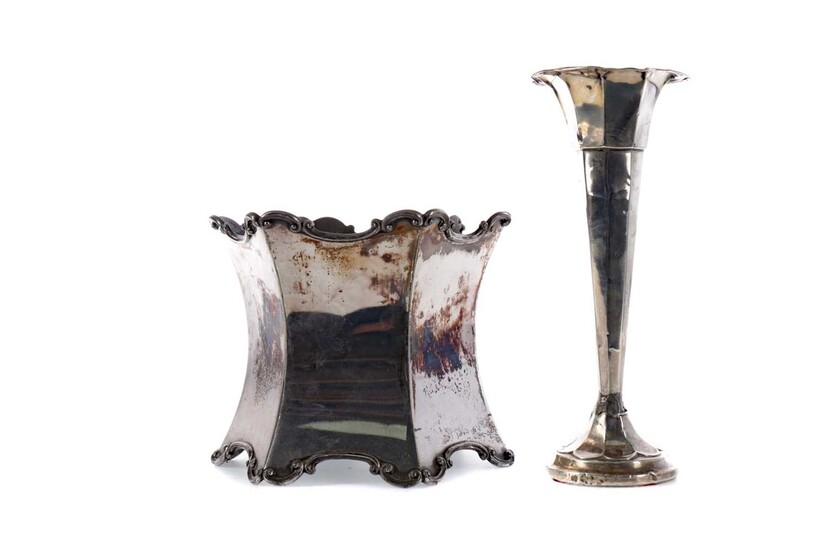 A GEORGE V SILVER TRUMPET VASE, ALONG WITH A PLANTER