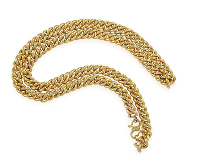 A GOLD NECKLACE, the long curb-link necklace stamped...