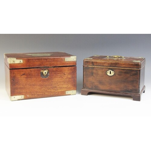 A George III mahogany decanter box, the shaped brass cartouc...