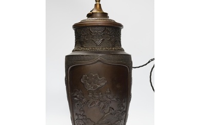 A Japanese bronze vase, converted to a lamp, 52cm high...