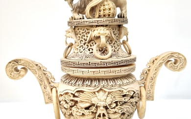 A LATE 19TH CENTURY CHINESE WELL CARVED IVORY INCENSE BURNER AND COVER