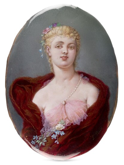 A Limoges enamel portrait plaque of a maiden, by L.Penet, c.1890, depicted with flowers in her and wearing a billowing red robe, signed L. Penet, unframed, 13cm high, 9.5cm wide
