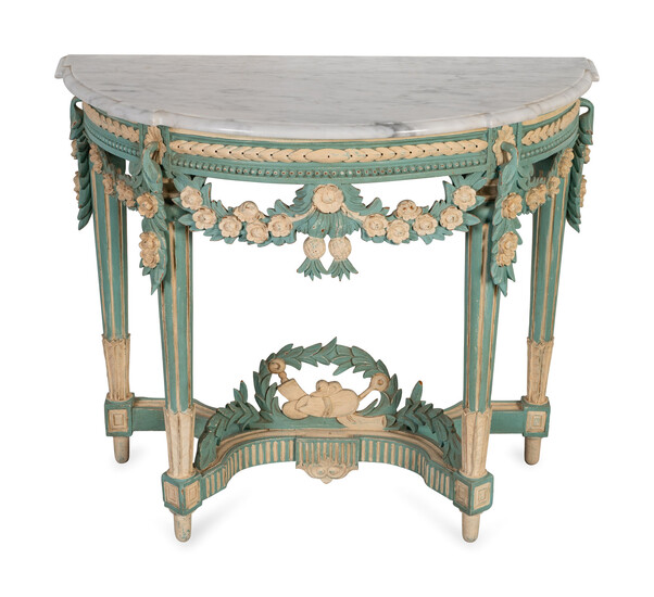 A Louis XVI Style Marble Top Polychromed Demi-lune Console
