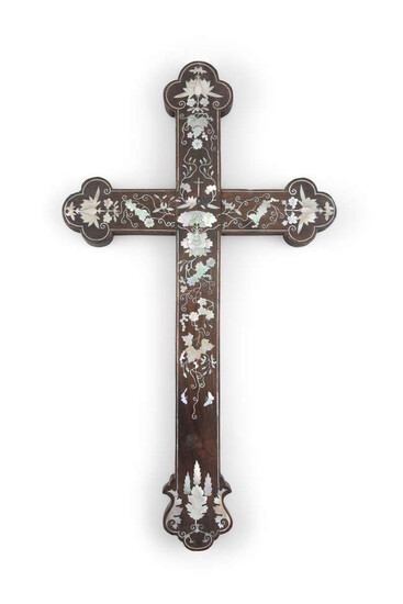 §A MOTHER OF PEARL INLAID WOOD APOSTLE CROSS...